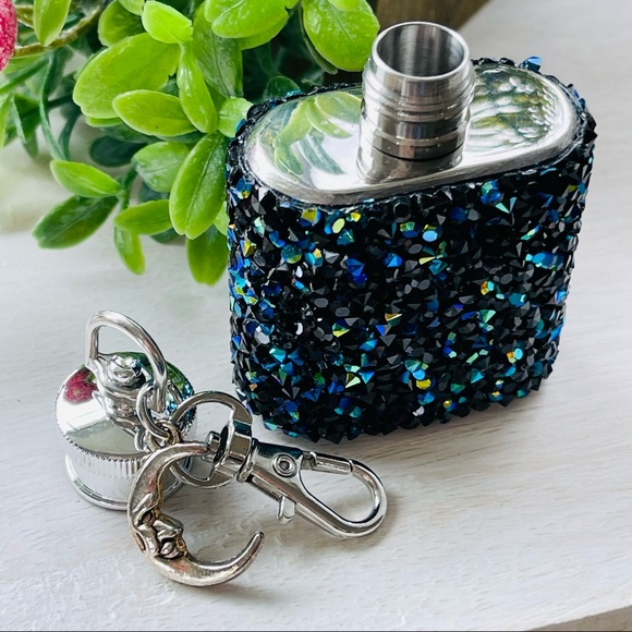 MINI FLASK crystal encrusted keyring IRIDESCENT keyfob CELESTIAL mini flask Blue - Picture 6 of 11